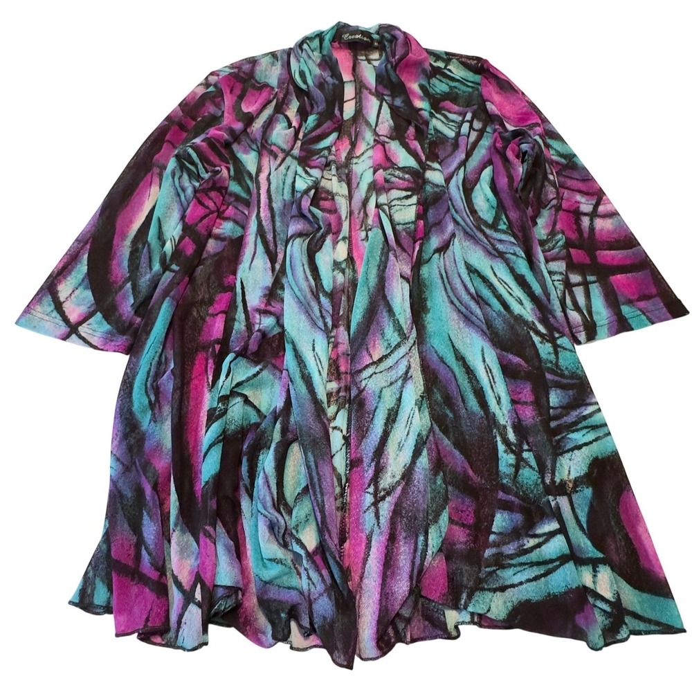 Creation Womens XL Abstract Mesh Open Front Cardigan Purple Teal Graphic Print